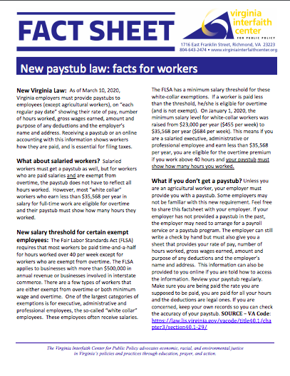 New Pay Stub Law: Facts for Workers Fact Sheet