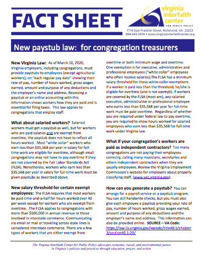 New Paystub Law: Facts for Congregational Treasurers Fact Sheet