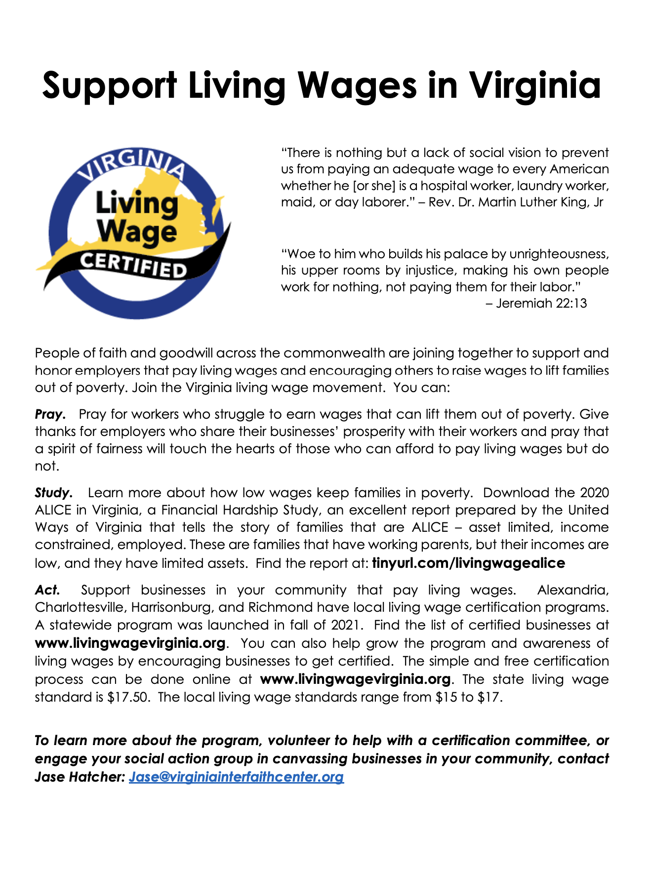 Living Wage Certification for Congregations Flyer 2022