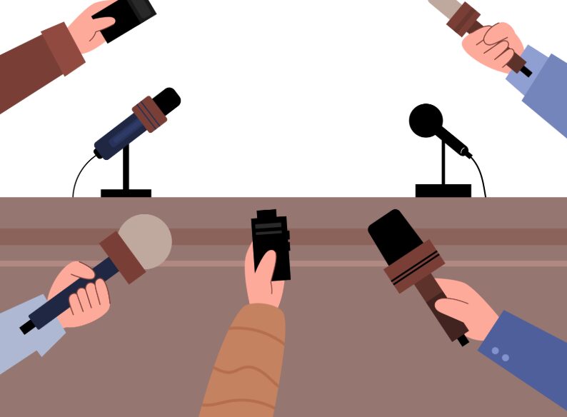 graphic of people holding microphones for press conference