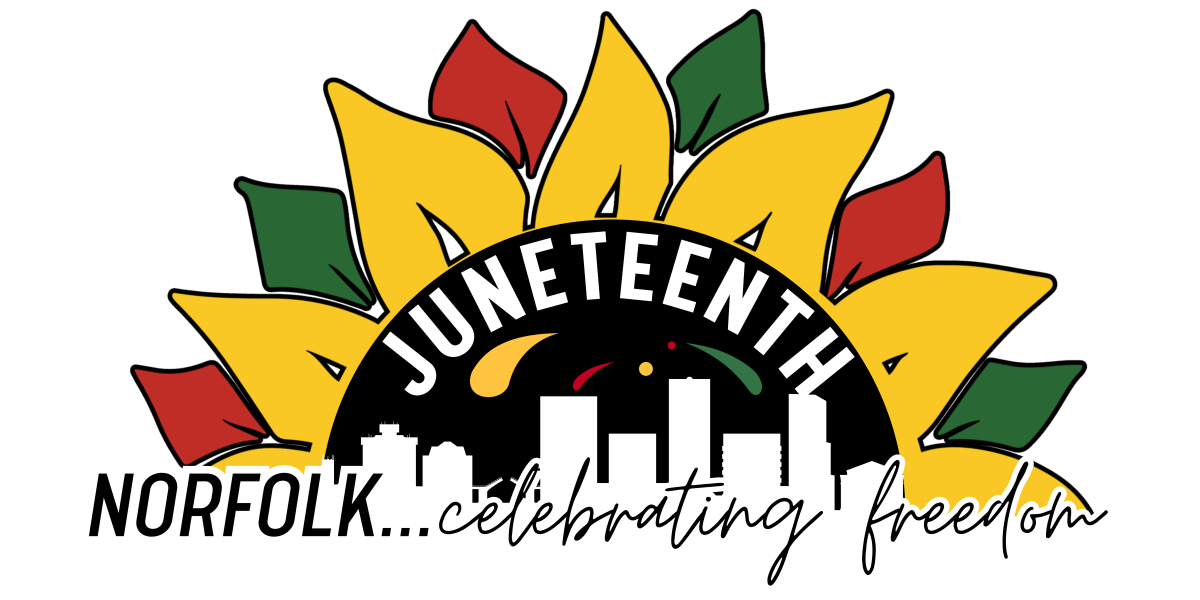 graphic of flower says Juneteenth Norfolk, Celebrating Freedom