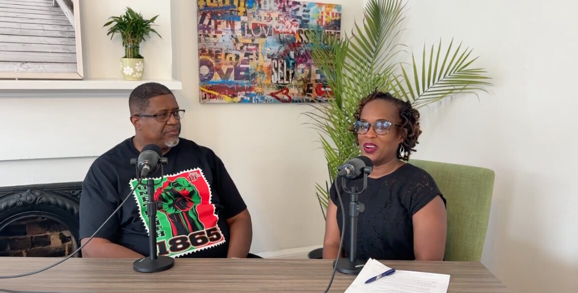 man on left and woman on right talking into microphones during podcast