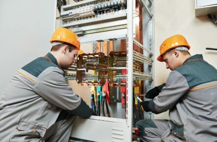 2 men in hardhats electricians